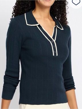 Valerie Always Soft Rib Johnny Navy Collar Sweater with Contrast Trim